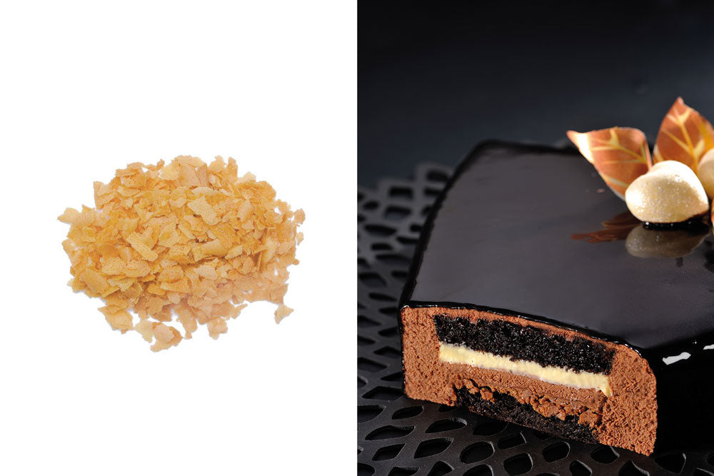 Two images: the right image is a pile of crushed biscuit pieces. The right image is a chocolate mouse cake with a ganache glaze against a black background. 