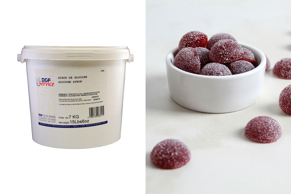 Two images: The left image is of a white tub labeled "glucose syrup". The right image is of strawberry pate de fruit covered in sugar in a small white bowl. 