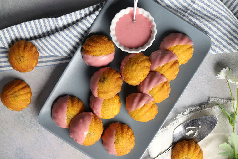 Image of Strawberry Glazed Orange Madeleines filled with Strawberry Jam