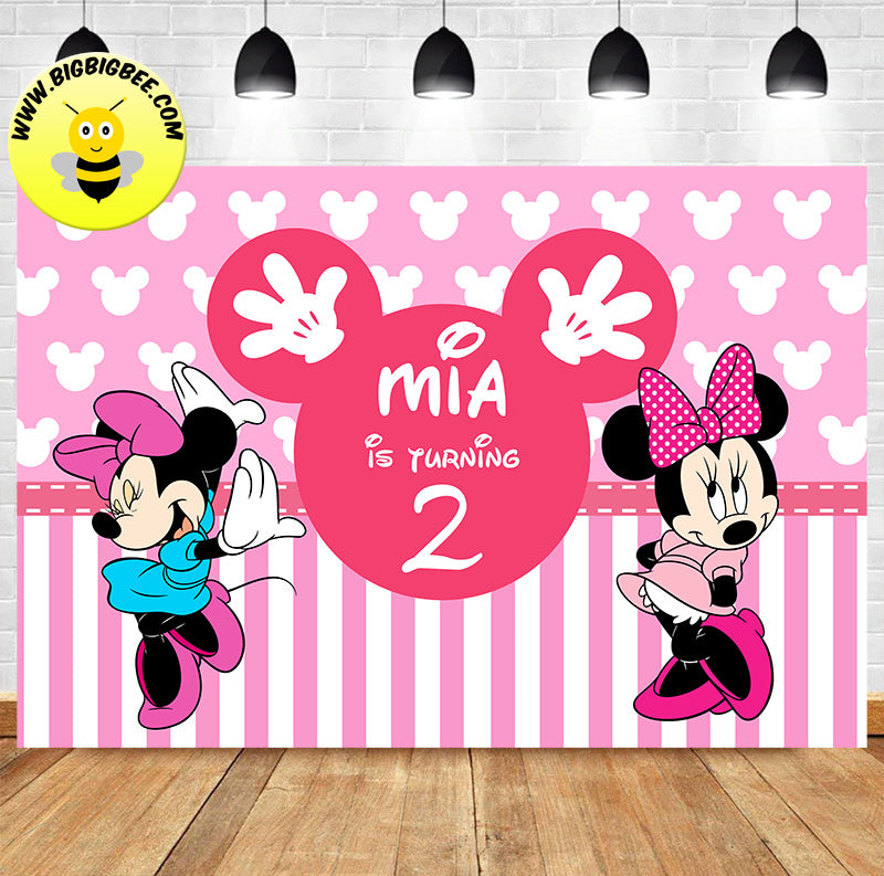 Custom Pink Minnie Mouse Theme Birthday Backdrop – BigBigBee Party Sign