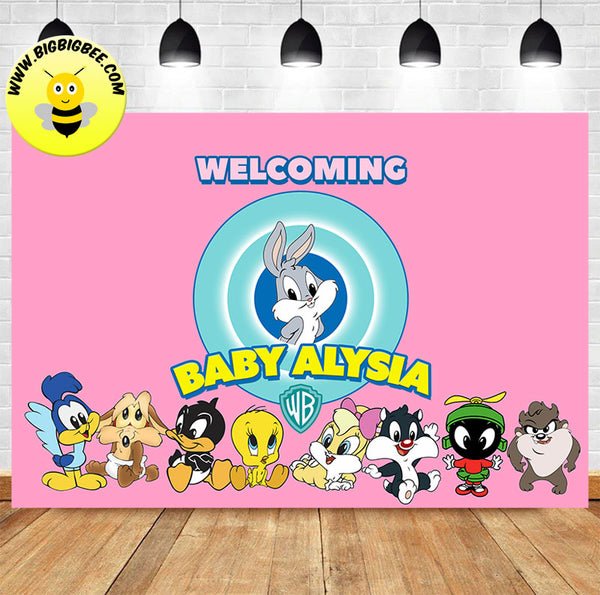 Custom Welcome Baby Girl Looney Tunes Baby Shower Pink Backdrop ...