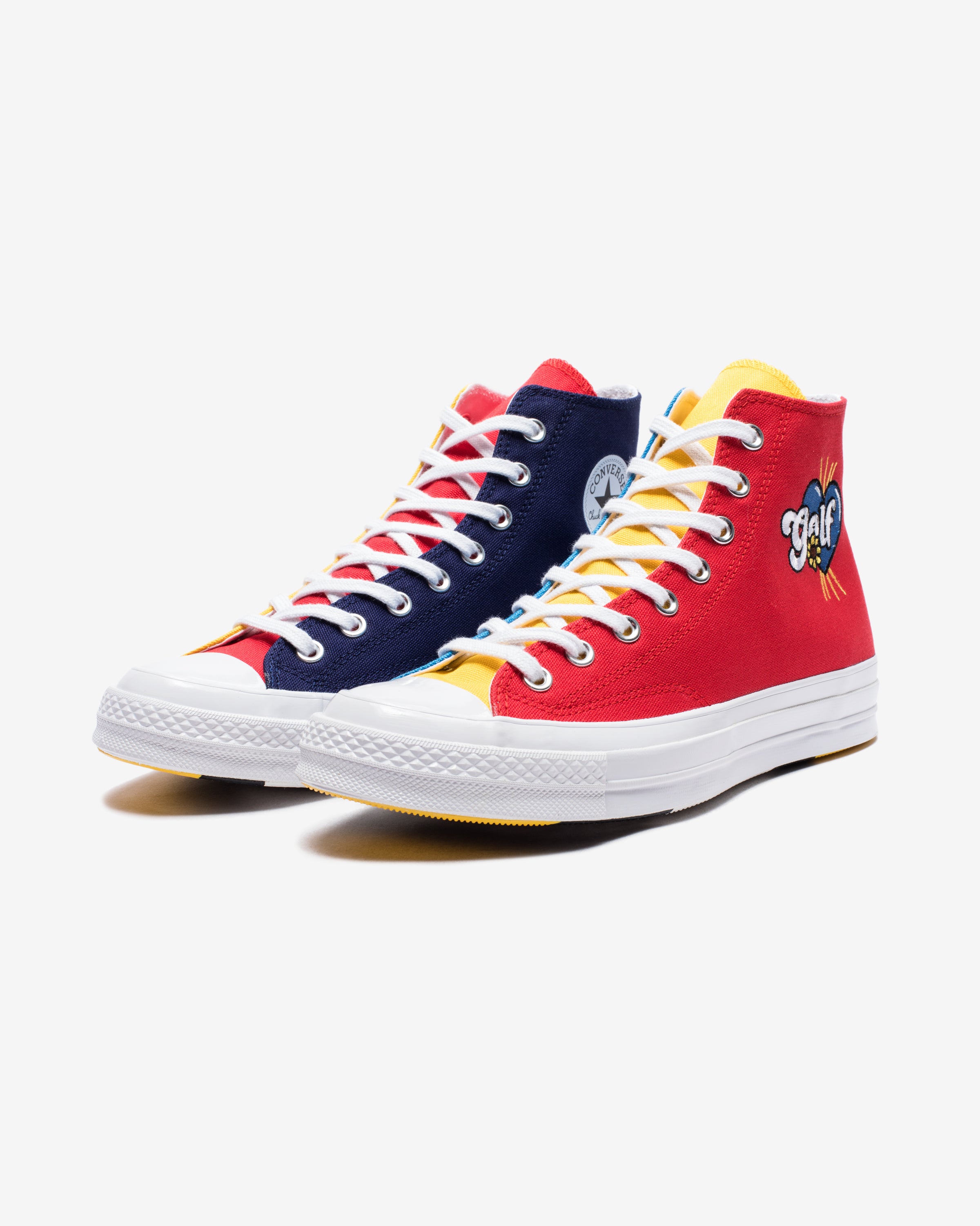 blue yellow and red converse