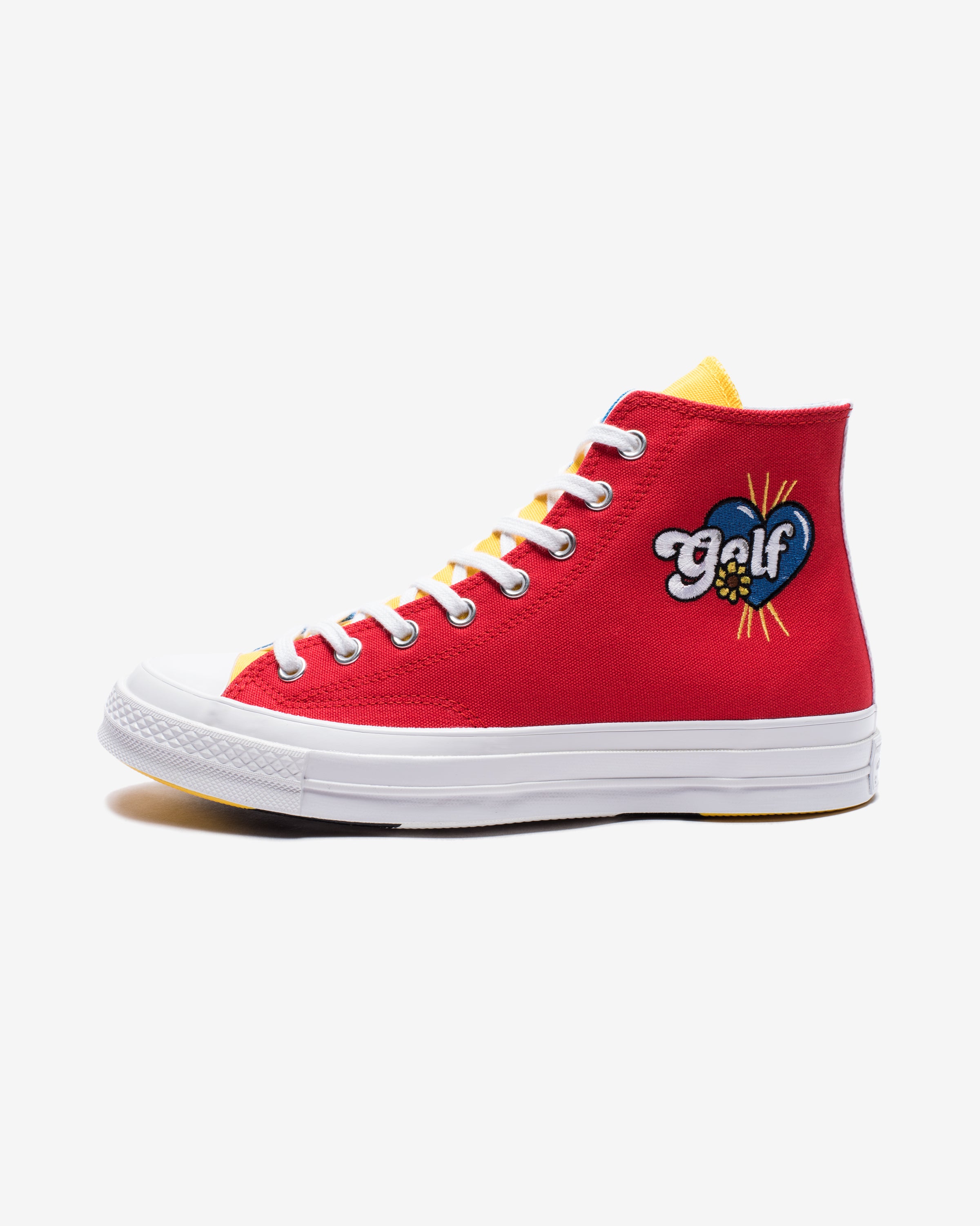 red yellow and blue converse