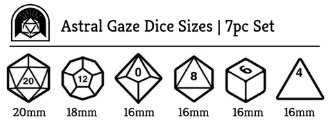 Astral Gaze polyhedral dice size chart
