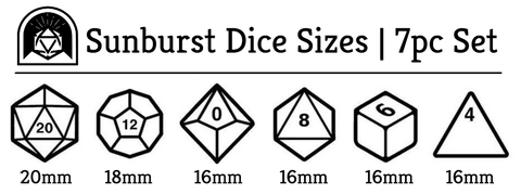 Sunburst polyhedral dice set size chart