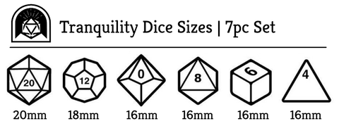 Tranquility polyhedral dice size chart