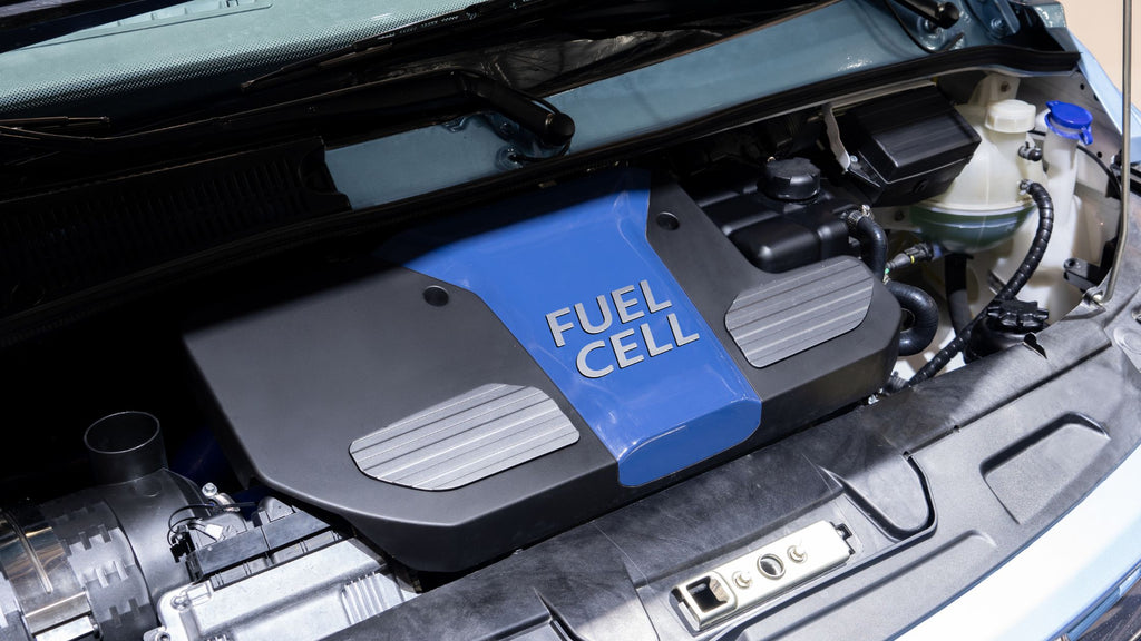 Hydrogen fuel cell car motor with hood open