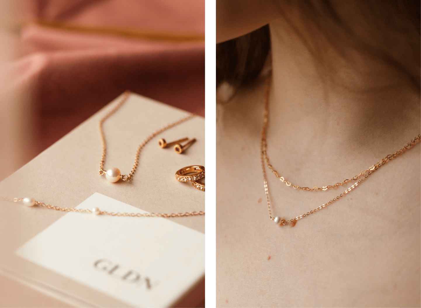 left: Pleine Lune Necklace & Floating Pearl Necklace | right: Dainty Heart Chain & Pleine Lune Necklace