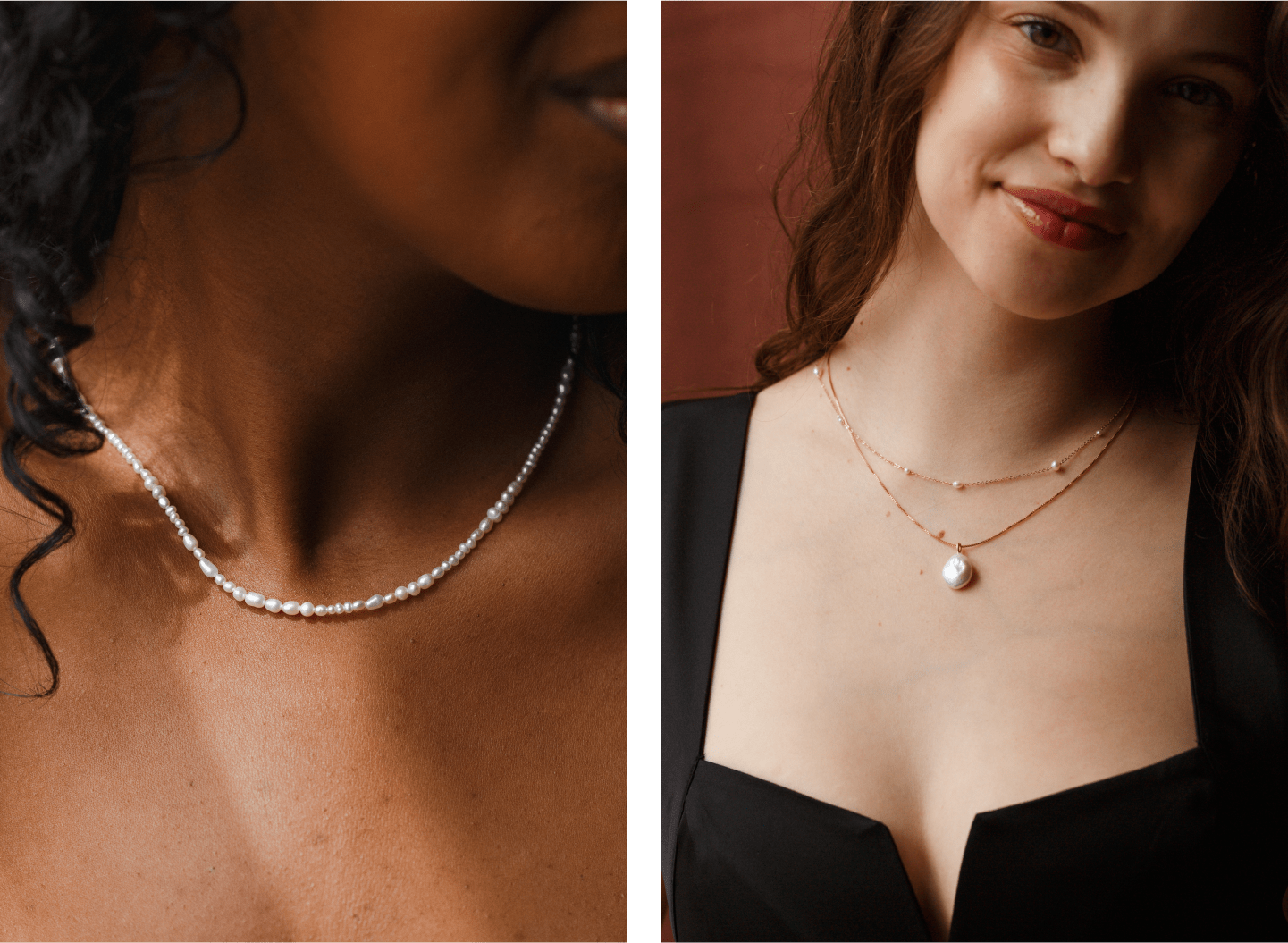 left: Organic Pearl Strand Necklace | right: Floating Pearl Necklace & Baroque Pearl Necklace