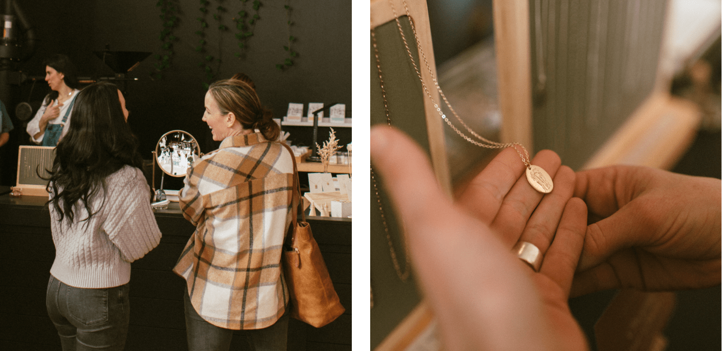Left: two customers chat while browsing popup event | Right: customer browsing necklace display