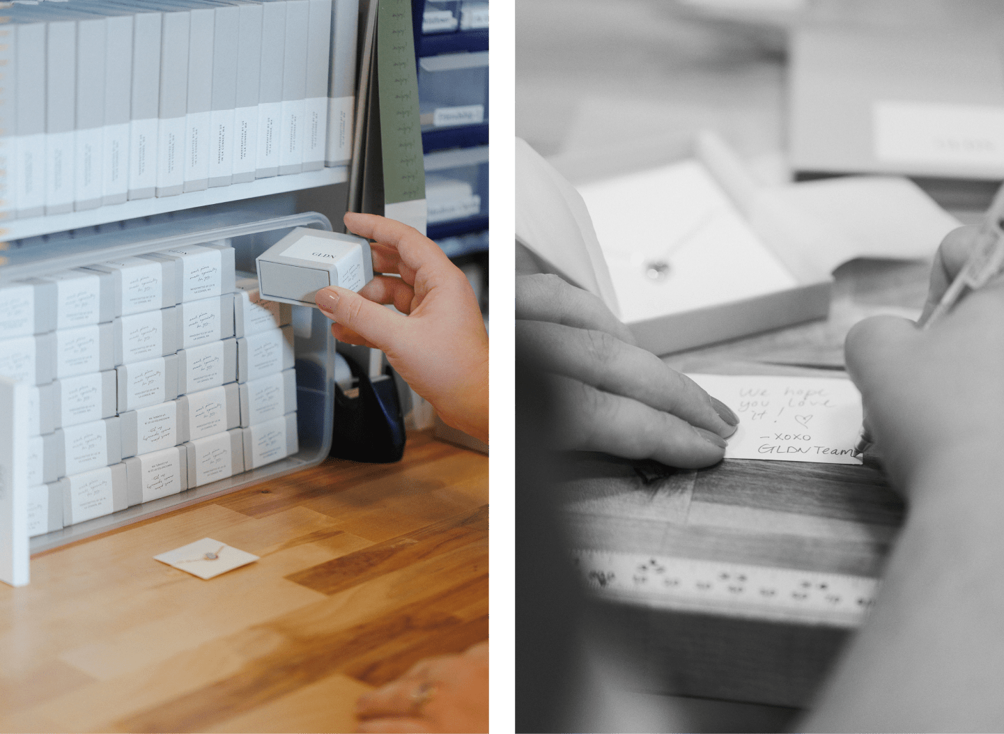 Left: packager holding box for shipping | Right: packager writing custom gift note