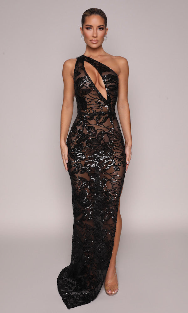 Goddess Cutout Sheer Sequin Gown Black Moda Glam Boutique 