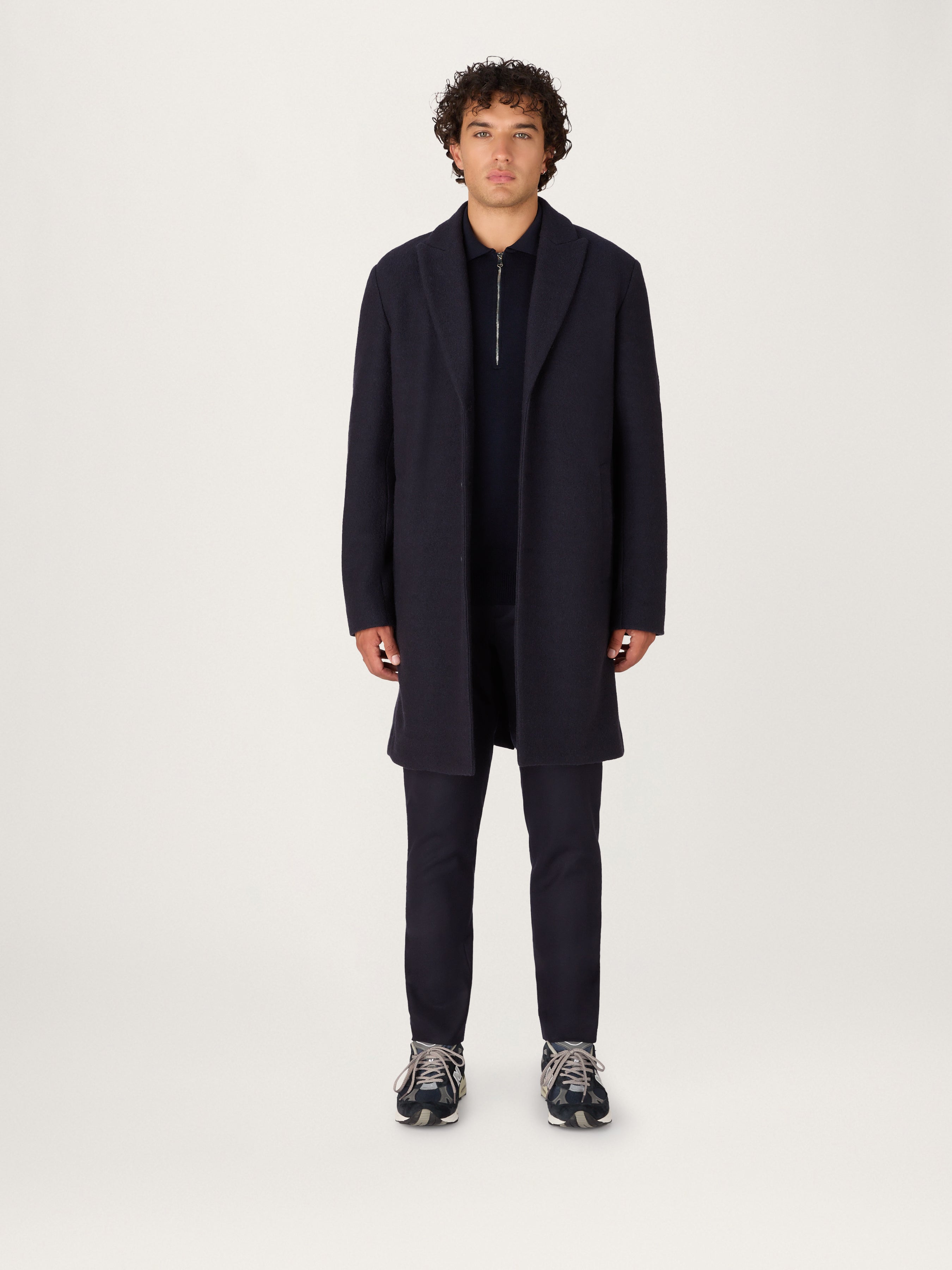 Elegant wool jersey coat in an Italian wool--blend fabric