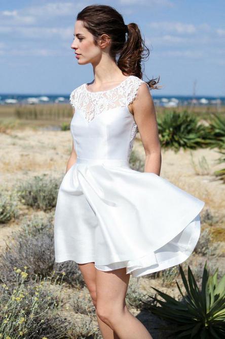 Buy A Line Round Neck Open Back Short Beach Wedding Dress With Lace Pockets Stb15018 Online Kikiprom Co Uk