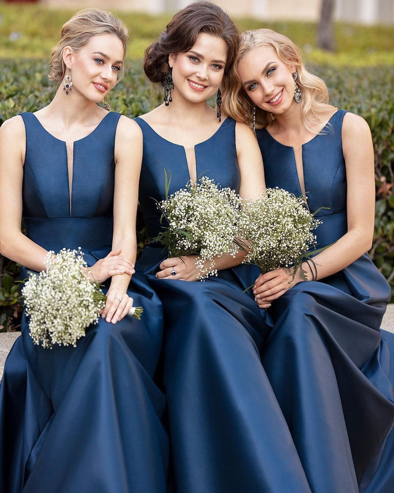 Buy Deep V Neck Blue Satin Long Prom Dresses Simple Bridesmaid Dresses ...