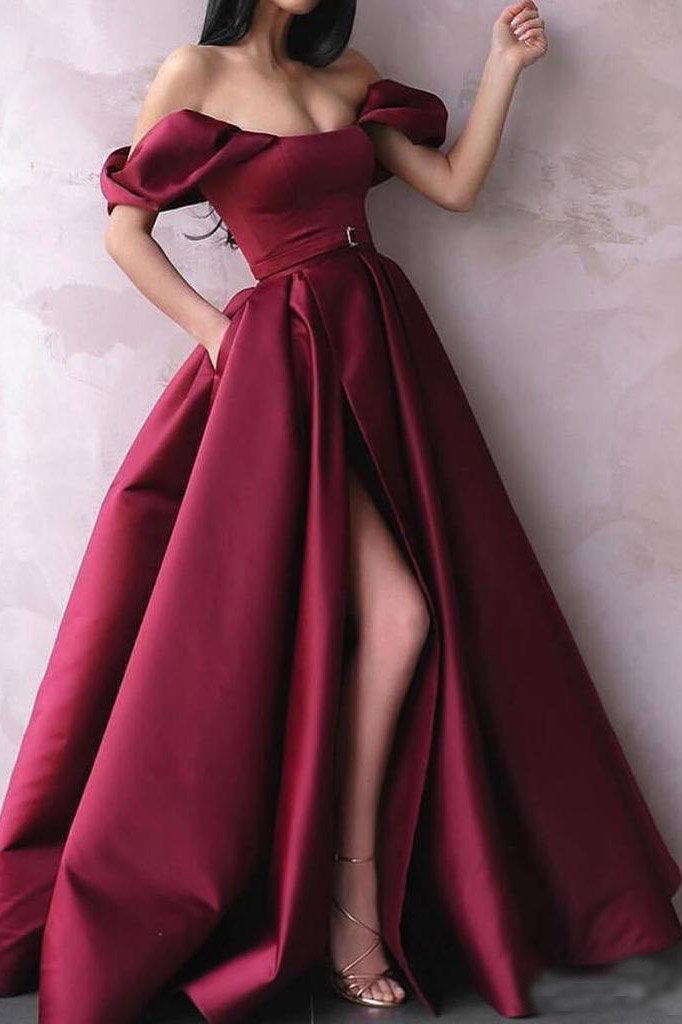 Buy A Line Off the Shoulder Burgundy Satin Prom Dresses with Pockets ...