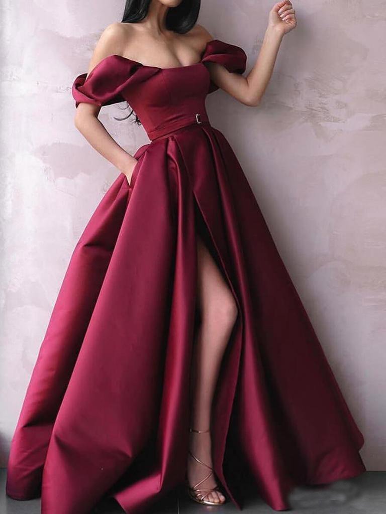 Buy A Line Off the Shoulder Burgundy Satin Prom Dresses with Pockets ...