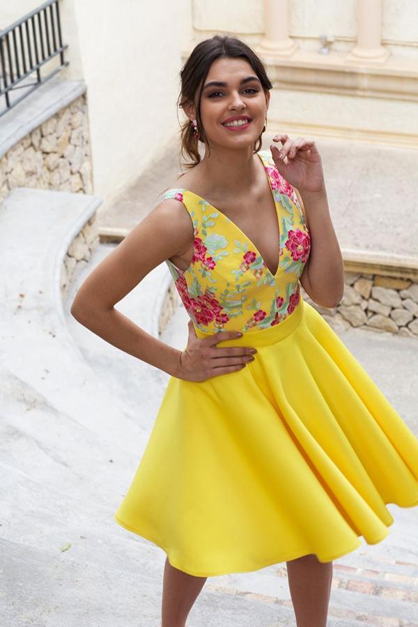 Buy Yellow Floral Satin Illusion Back Daffodil V Neck Homecoming Dresses  Short Cocktail Dresses Online – 