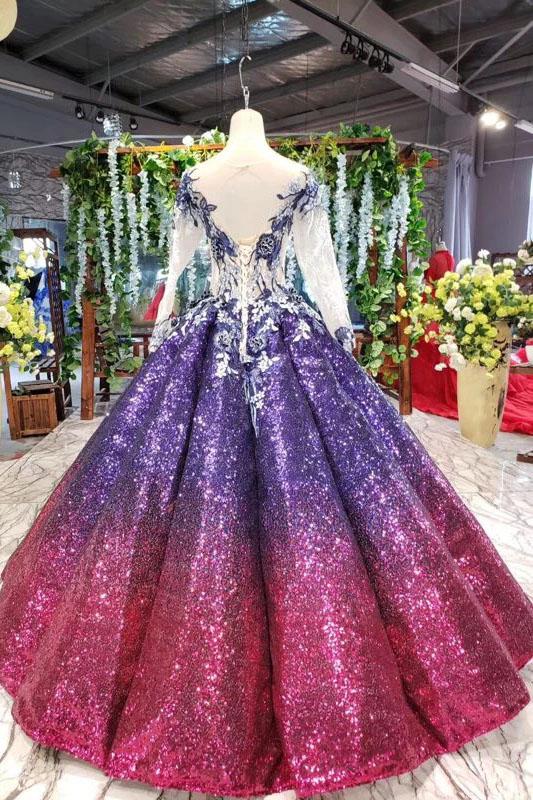 Buy Ball Gown Ombre Sparkly Long Sleeve Sequins Prom Dresses ...