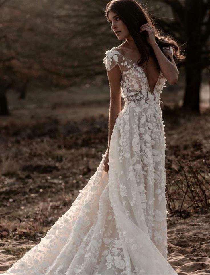 Buy A Line Ivory V Neck Country Wedding Dresses with Appliques, Beach ...