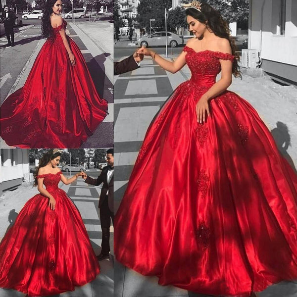 Buy Ball Gown Off the Shoulder Red Satin Lace up Quinceanera Dresses ...