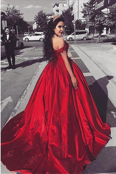 Buy Ball Gown Off the Shoulder Red Satin Lace up Quinceanera Dresses ...