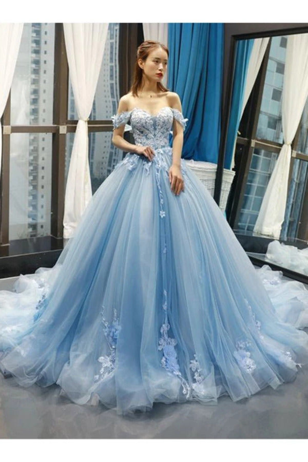 Buy Cheap Light Sky Blue Off The Shoulder Ball Gown Tulle Prom Dress ...