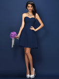 A-Line/Princess Sweetheart Lace Pleats Sleeveless Short Satin Bridesmaid Dresses TPP0005420