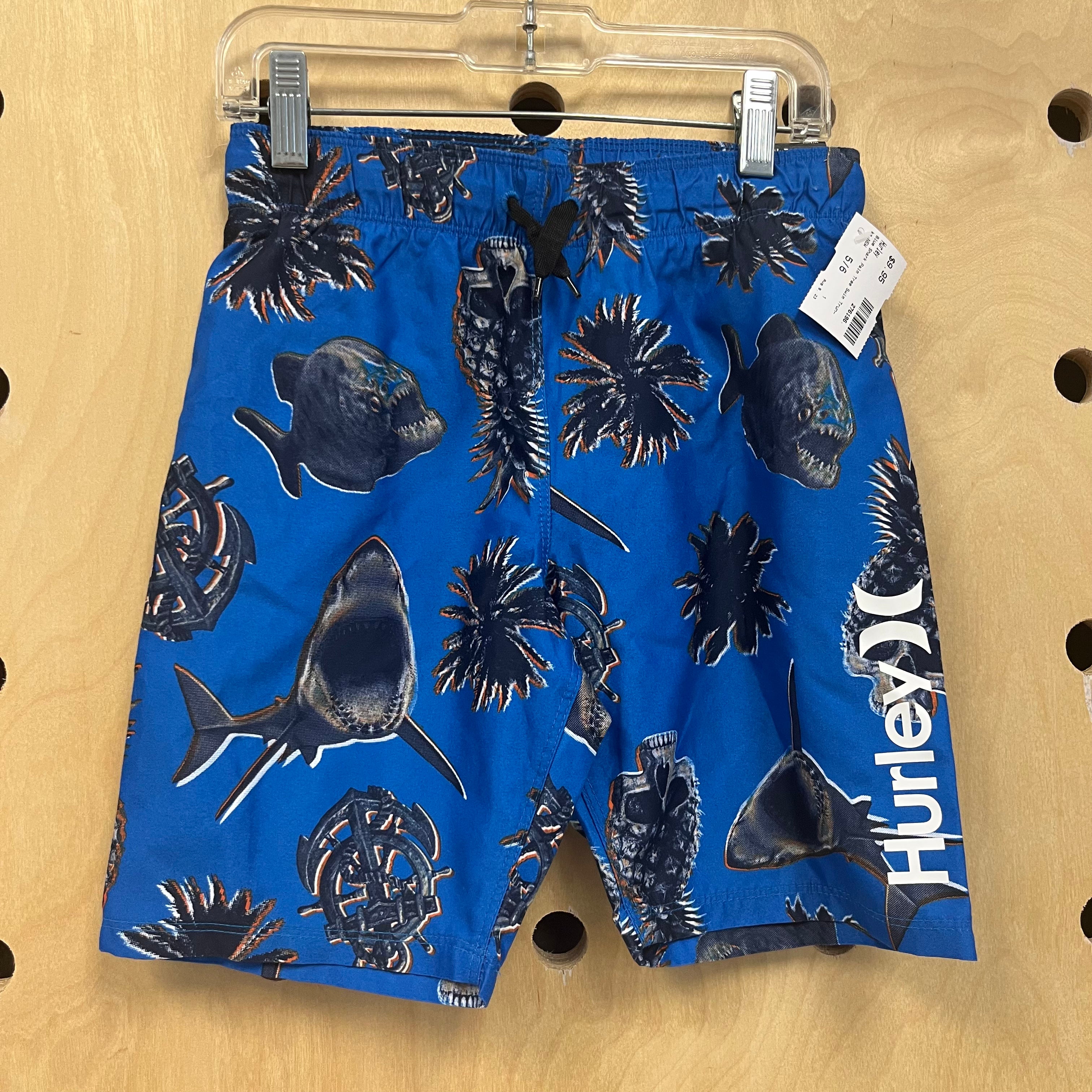 Blue Shark Palm Tree Swim Trunks NEW