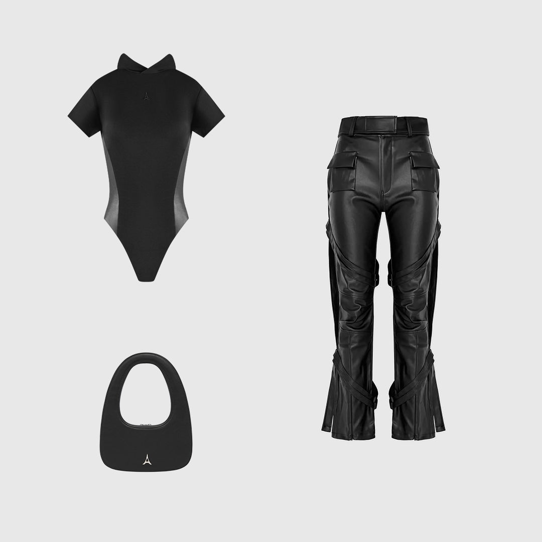 Accessorized Short Sleeve Black Bodysuit by Rue Les Createurs