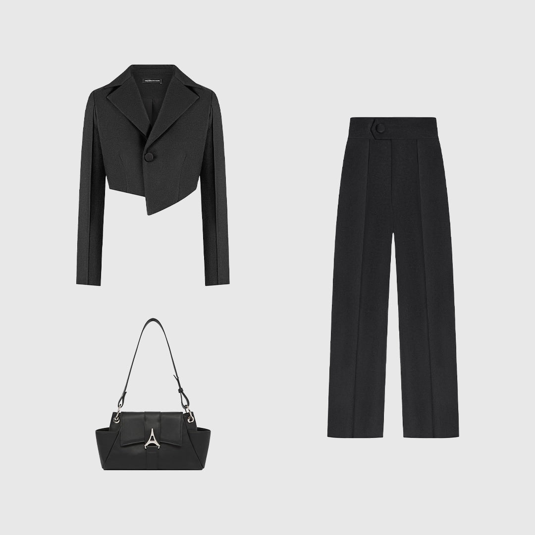 Black Asymmetrical Blazer/ Short Sleeve Coat / High Waisted Black