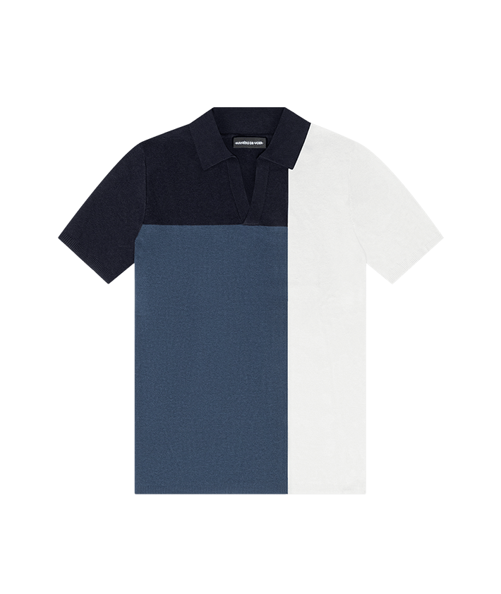 Colour Block Knit Revere Polo Top - Navy/Steel Blue | Manière De Voir USA
