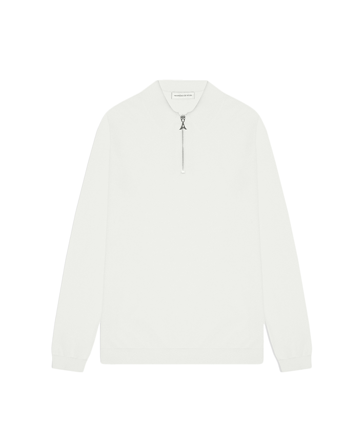 Merino Wool Long Sleeve Polo Top With Zip - Off White | Manière De Voir