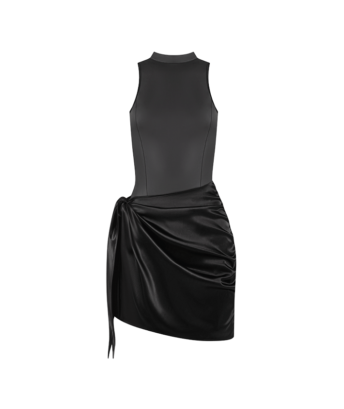 Vegan Leather & Satin Wrap Bodycon Dress - Black | Manière De Voir