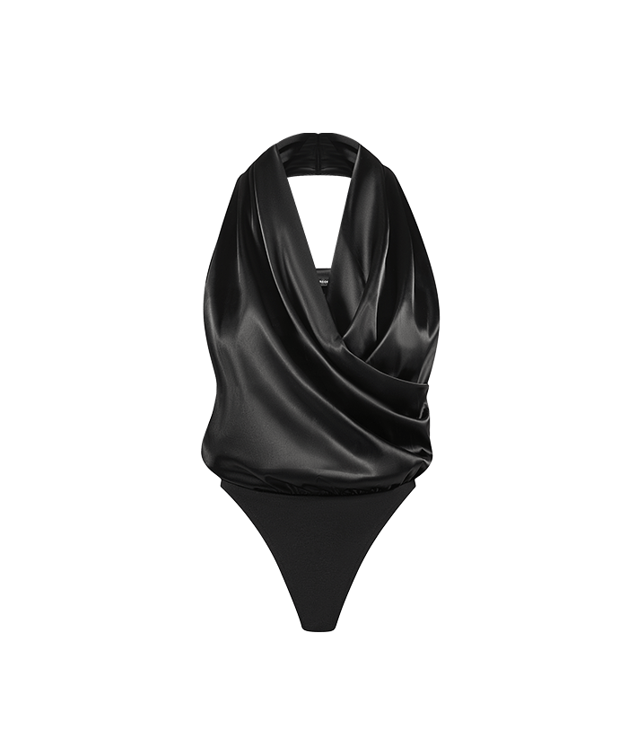 Hooded Cowl Neck Satin Wrap Bodysuit - Black | Manière De Voir