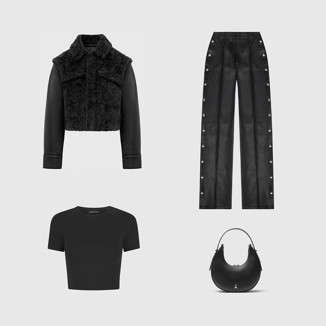 Plush Jacket With Vegan Leather Sleeves - Black | Manière De Voir USA
