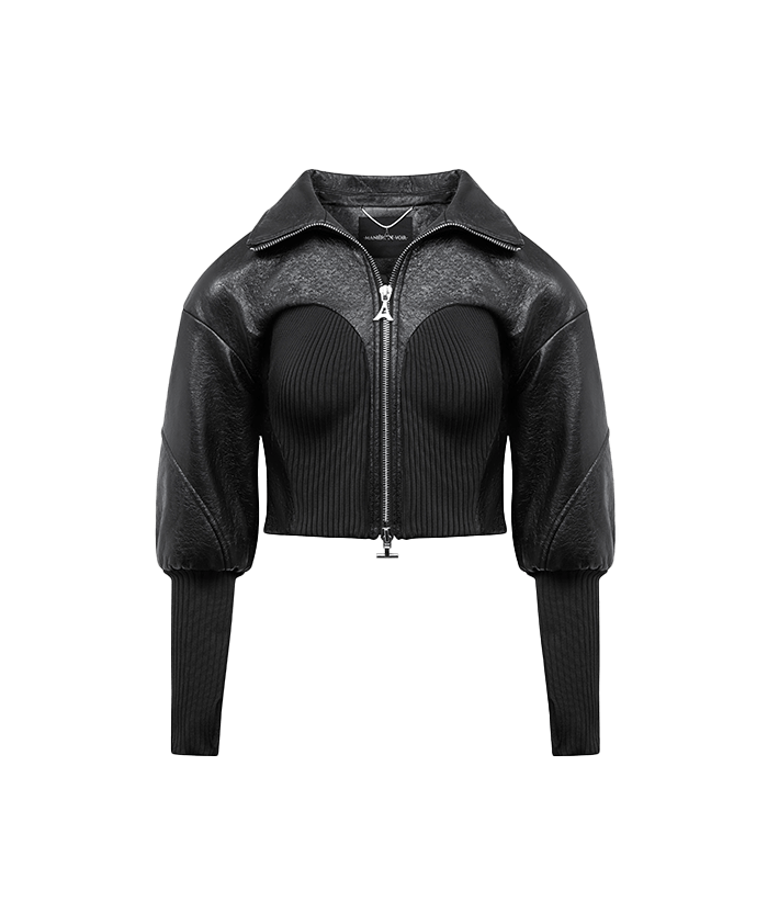 Cracked Vegan Leather Rib Contour Jacket - Black | Manière De Voir USA