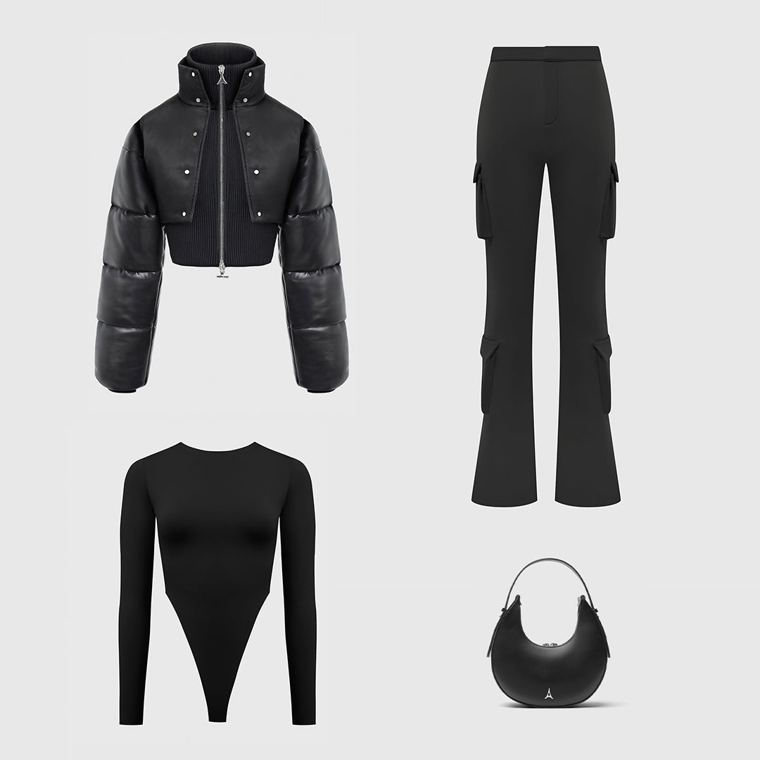 Vegan Leather and Nylon Layered Puffer Jacket - Black | Manière De Voir USA