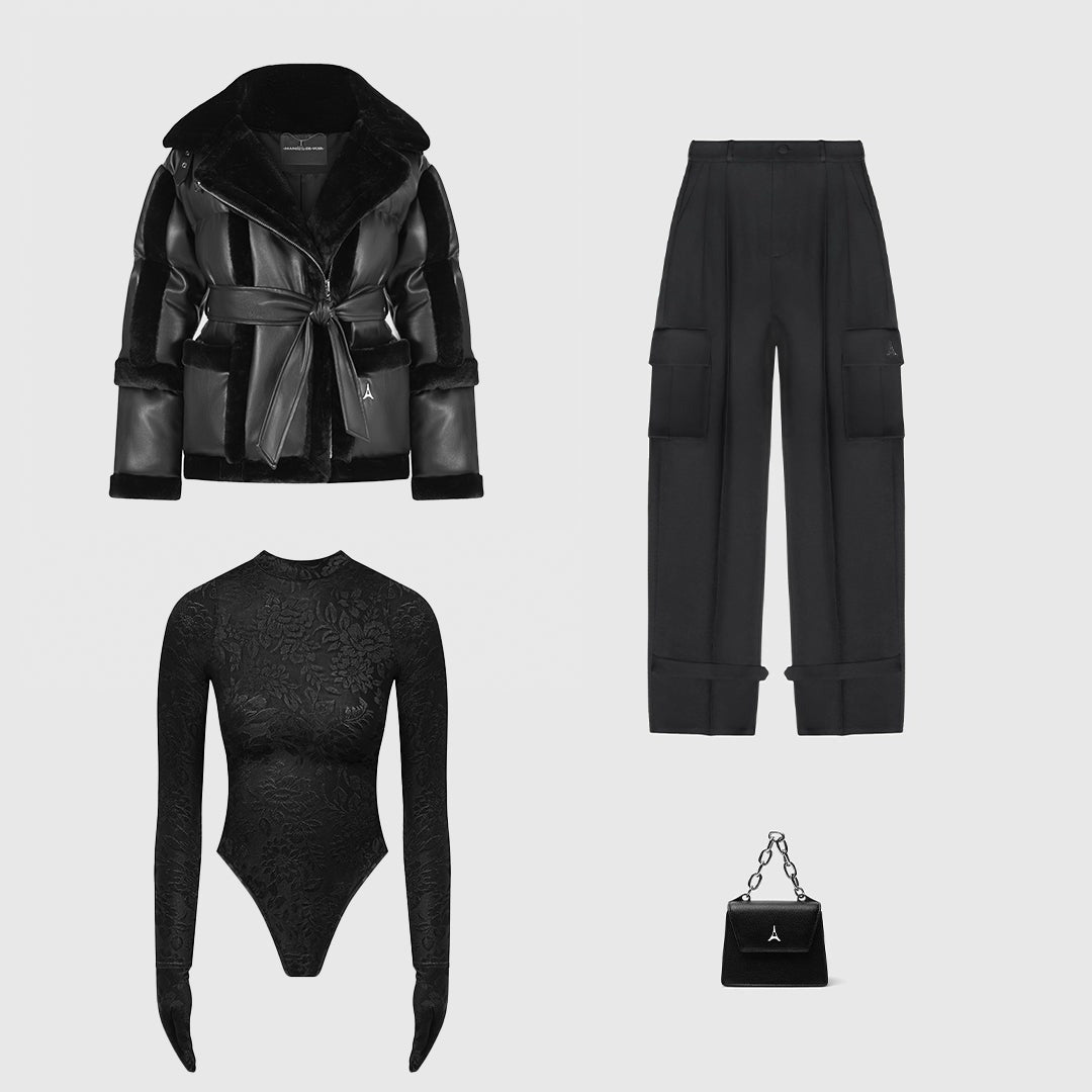 Vegan Leather and Plush Puffer Biker Jacket - Black | Manière De Voir