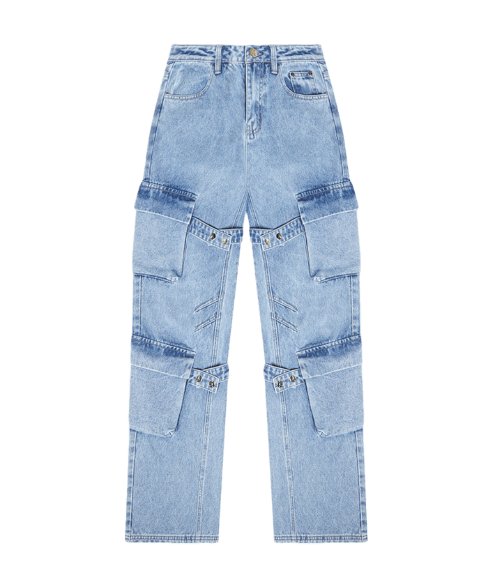 High Waisted Boucle Denim Cargo Pants - Mid Blue