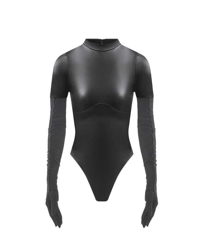 Plus Size Vegan Leather Bodysuit W Garters Gloves Latex Black