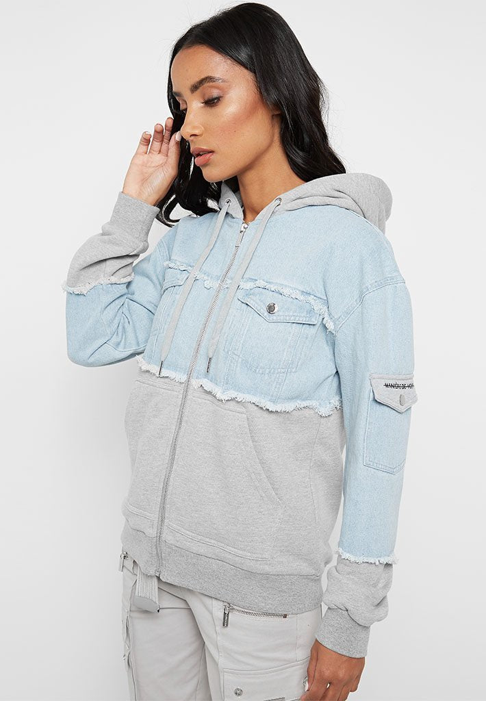 blue denim jacket with grey hood