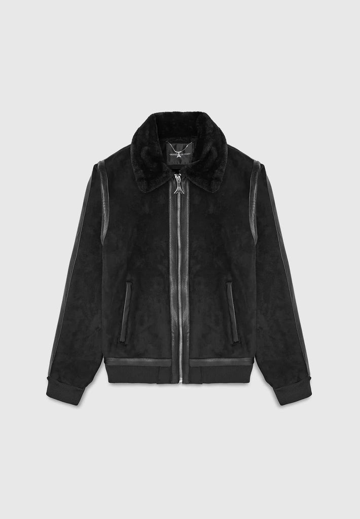 Vegan Suede Shearling Jacket - Black