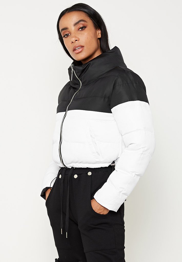 black cropped puffer jacket with hood