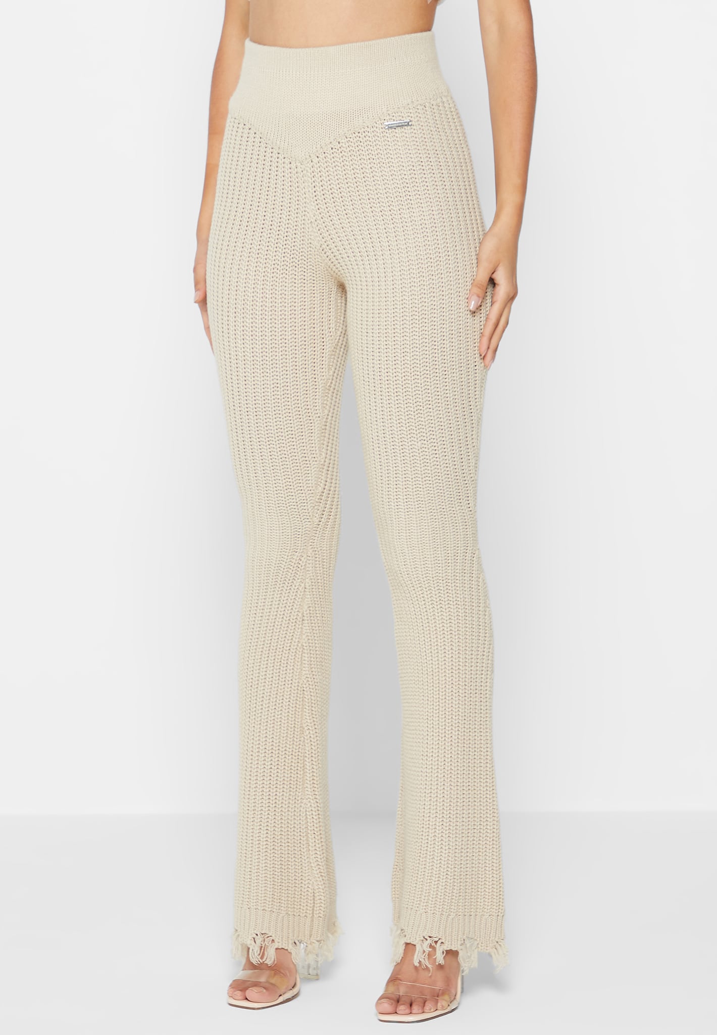 Distressed Knitted Fit and Flare Trousers - Beige | Manière De Voir