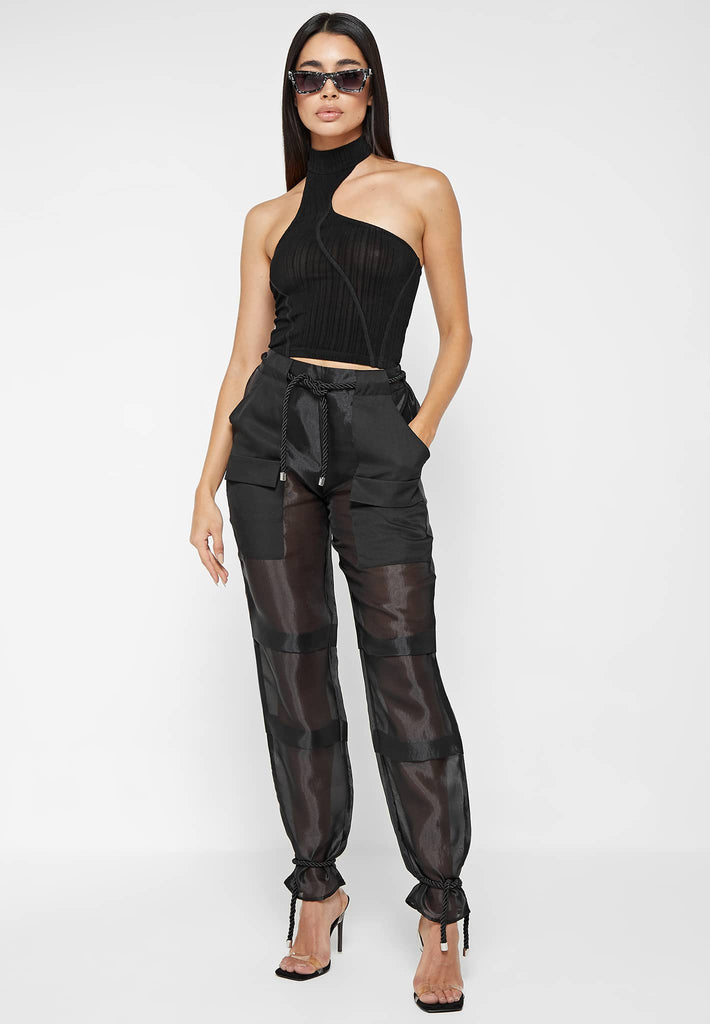 High Neck Sheer Asymmetric Crop Top - Black | Manière De Voir