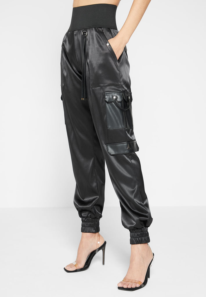 High Waisted Satin Cargo Trousers - Black | Manière De Voir