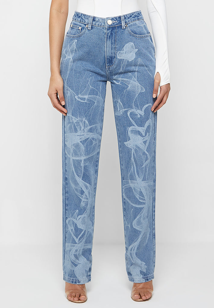 Smoke Print Mom Jeans - Mid Blue