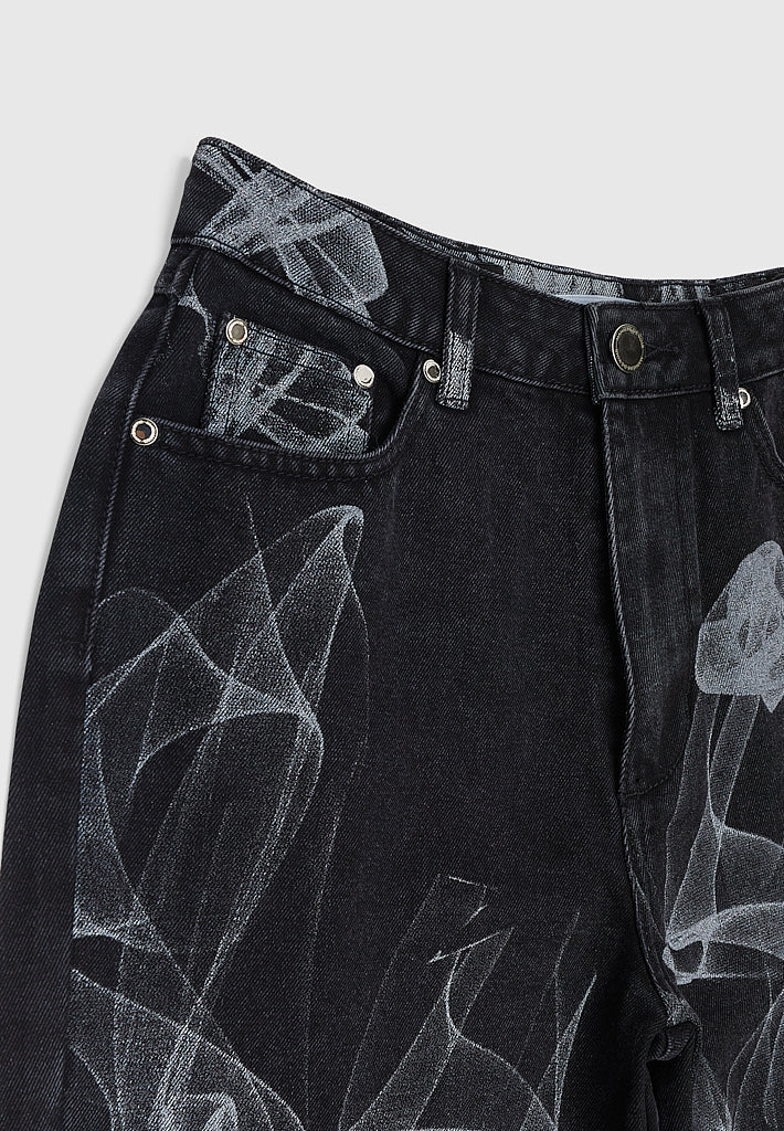 Smoke Print Mom Jeans - Washed Black