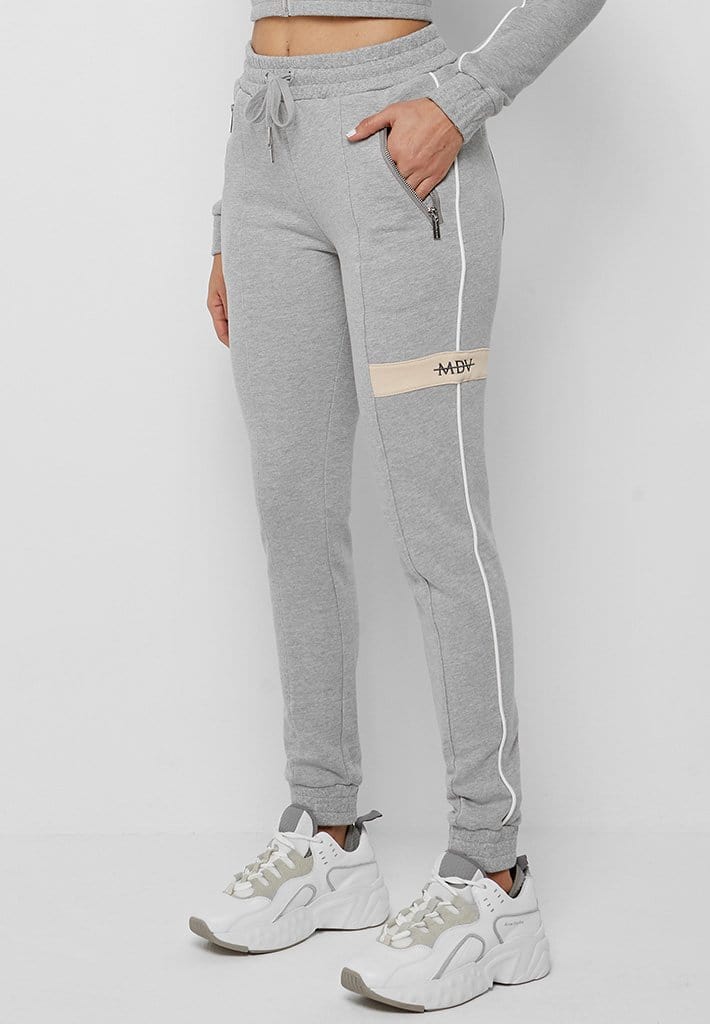 grey tracksuit with white stripe